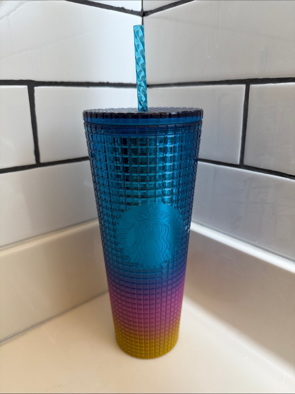 Starbucks Studded Ombre Tumbler in Blue, Pink, Yellow with Straw 24 0z. NWT